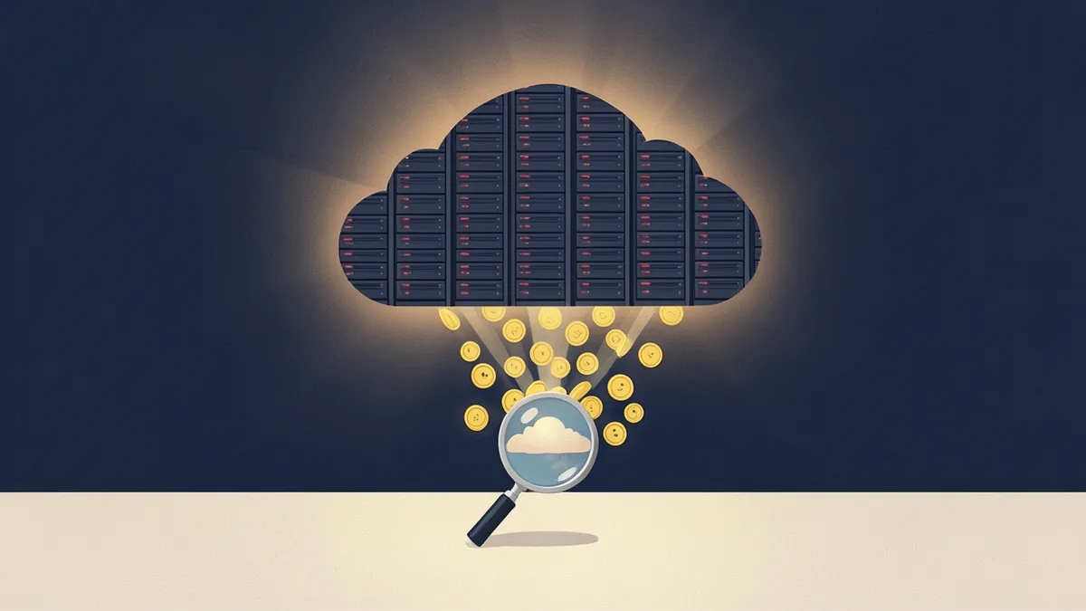 Illustration: a cloud made of servers draws in coins above a magnifying glass