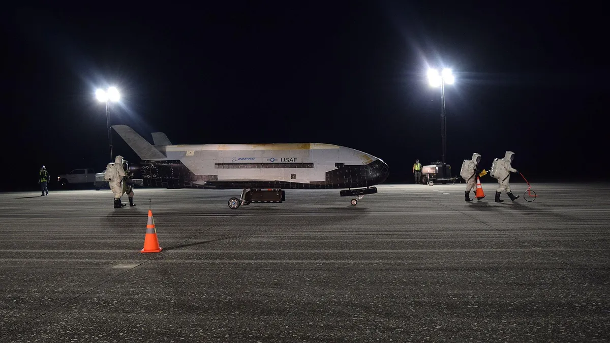 The US Space Force's X-37B spaceplane after landing in 2019; China's Shenlong has a similar design