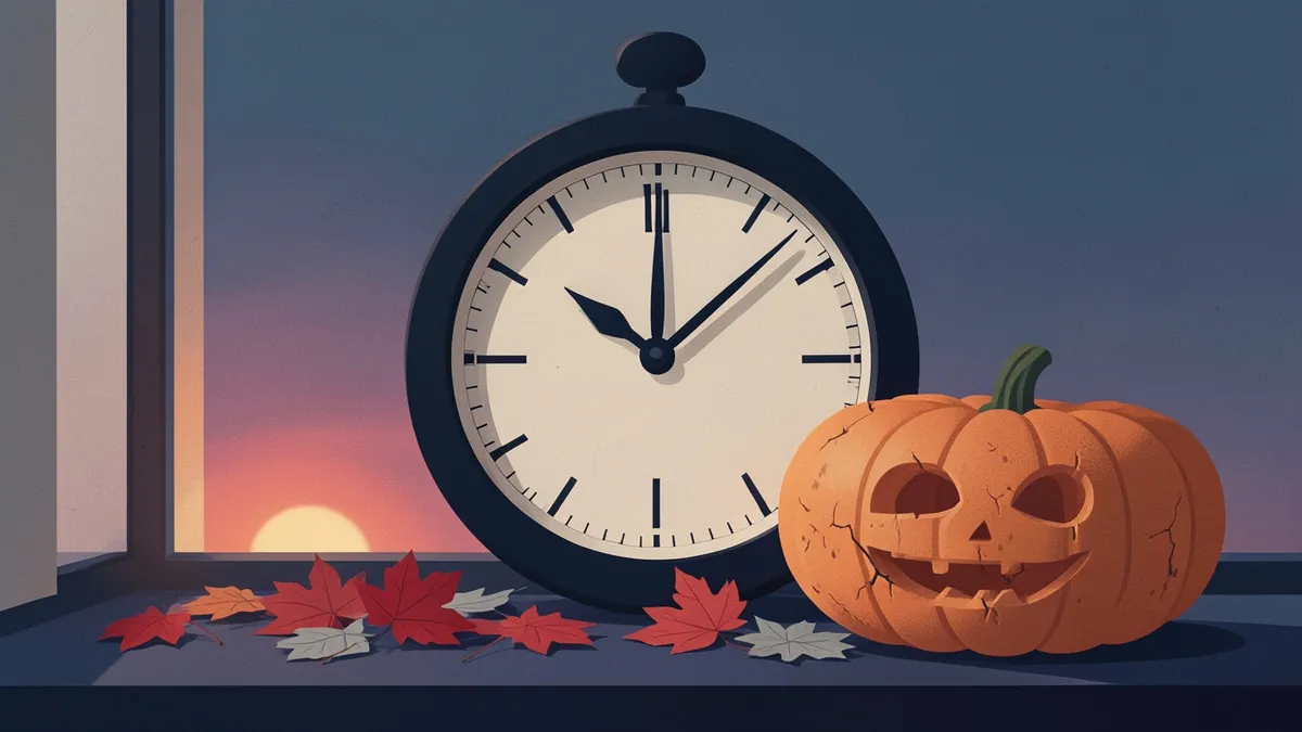 Illustration: a large clock, a carved pumpkin and autumn leaves on a windowsill at dusk