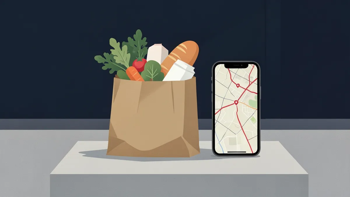 Illustration: a paper grocery bag with vegetables, bread and milk next to a phone showing a delivery map