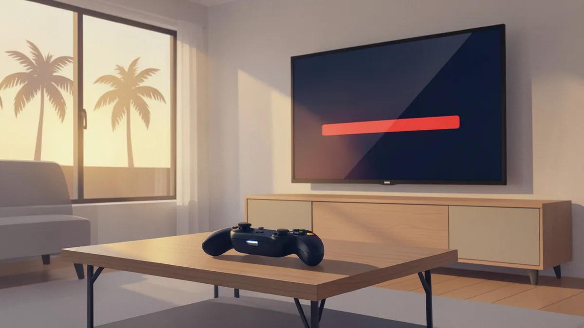 Illustration: a game controller on a coffee table in front of a TV showing a download bar at sunset