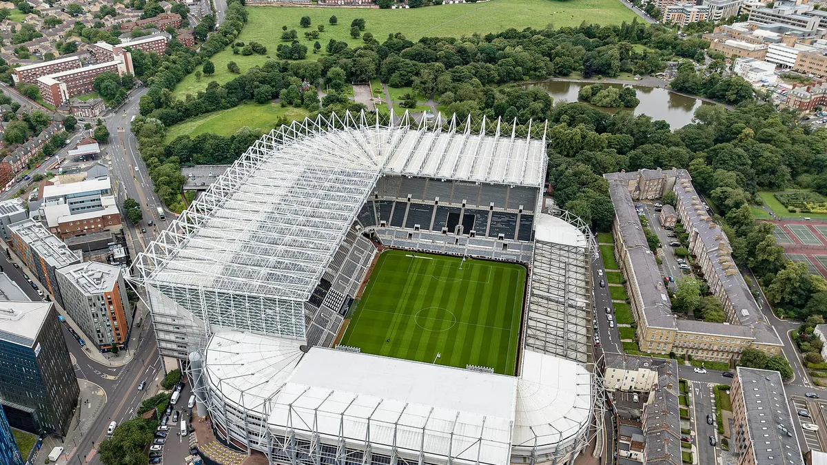 Aerial view of St James' Park stadium in Newcastle, where Sam Fender will open his 2027 tour