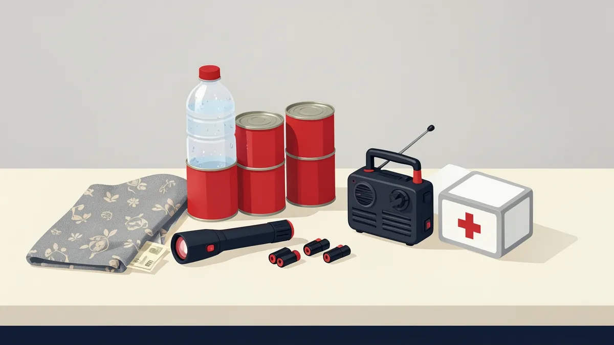 Illustration: bottled water, tinned food, a torch, batteries, a radio and a first aid box on a table