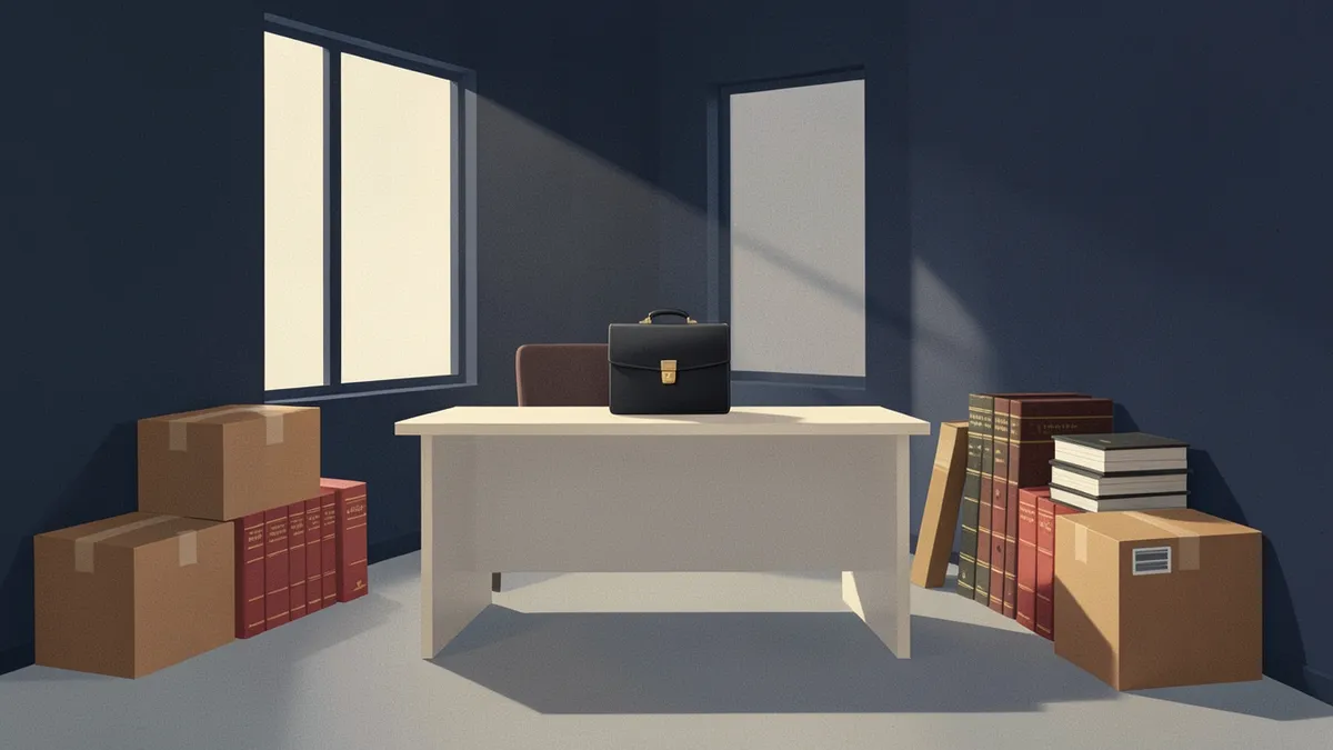 Illustration: an empty office with packed moving boxes, stacked law books and a closed briefcase