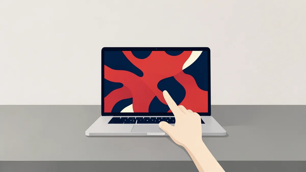 Ilustración: un dedo toca la pantalla de una laptop plateada abierta sobre un escritorio