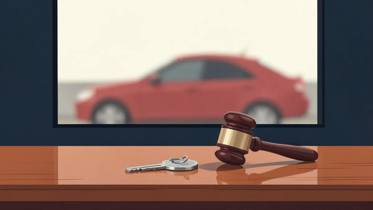 Illustration : une clé de voiture et un marteau de juge sur un bureau, une voiture rouge en arrière-plan