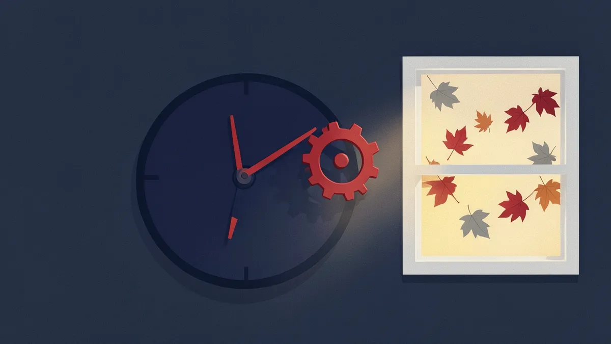 Illustration : horloge sombre entraînée par une roue dentée rouge, à côté d'une fenêtre et de feuilles d'automne