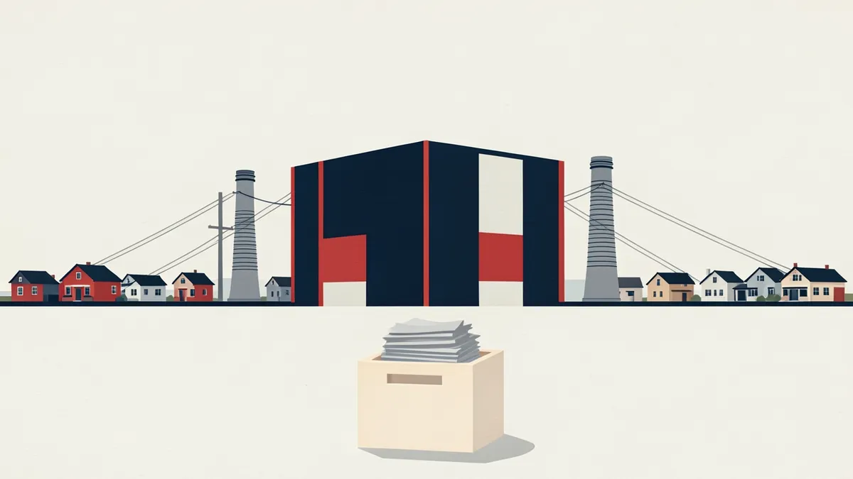 Illustration : un centre de données entouré de lignes électriques et de maisons, devant une urne remplie de bulletins