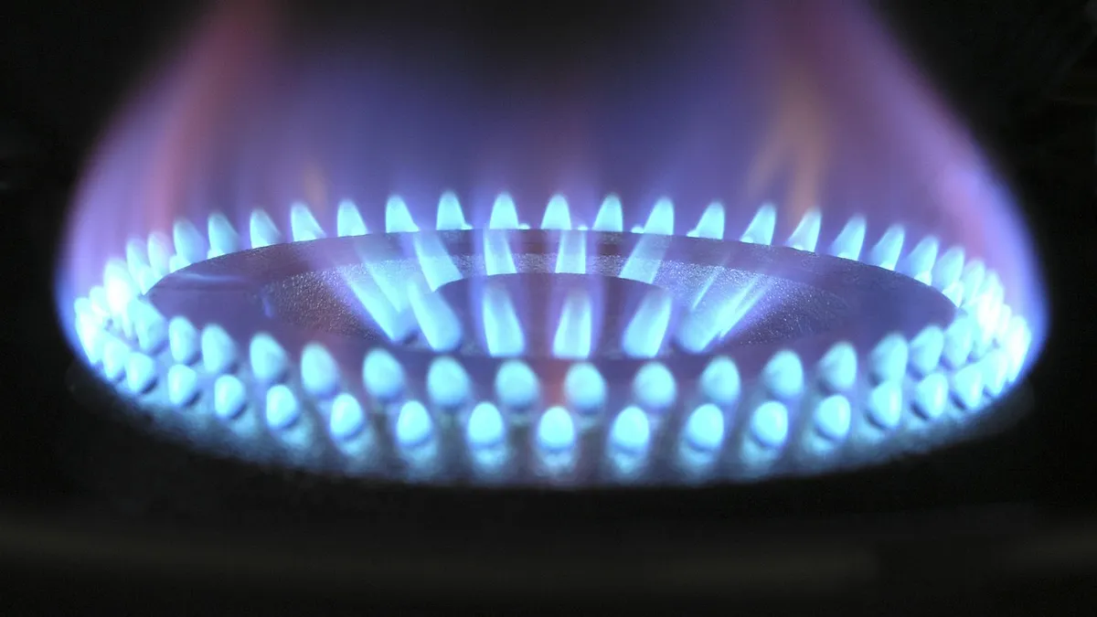Flamme bleue d'un brûleur de cuisinière au gaz, en gros plan