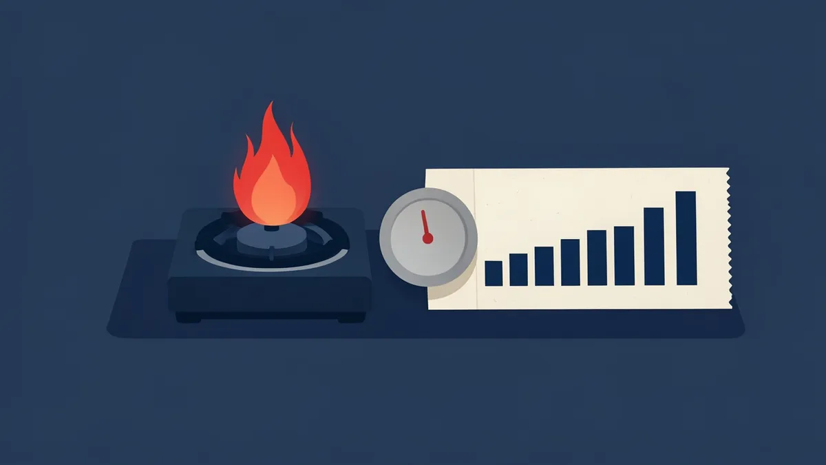 Illustration : une flamme de gaz, un compteur et un ticket avec des barres de prix qui montent