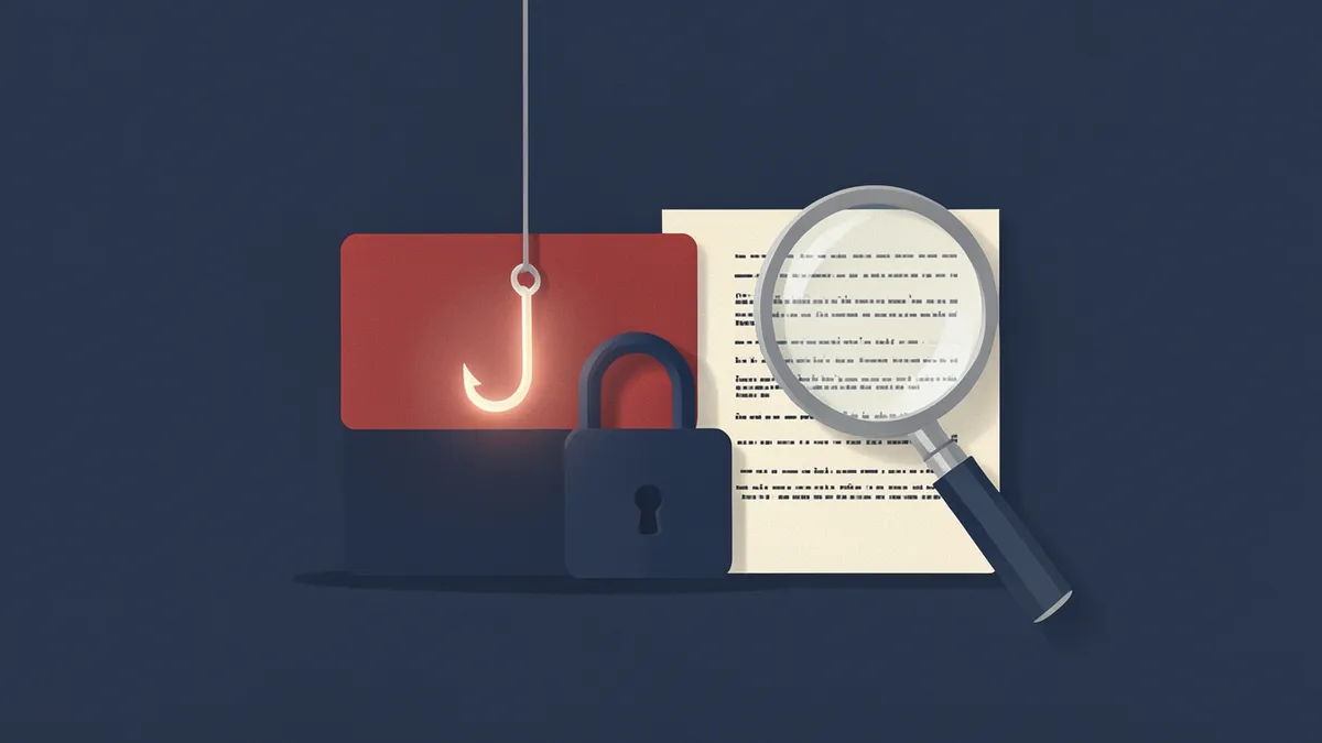 Illustration : hameçon lumineux devant une carte bancaire, un cadenas et une loupe posée sur un contrat en petits caractères